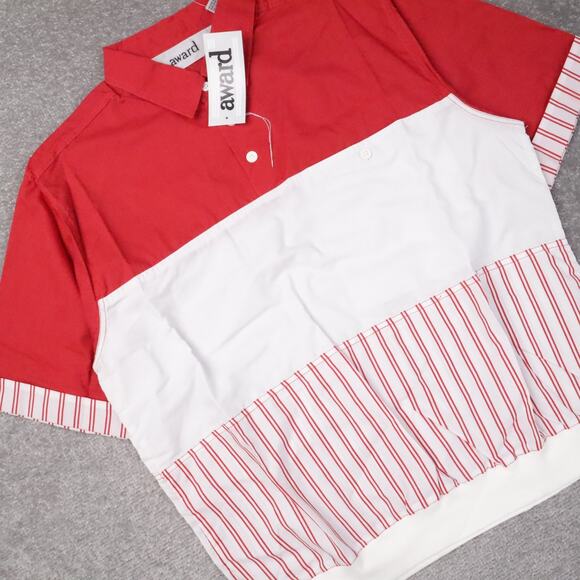 VTG 80s 90s Award Deadstock Medium Red White Striped Short Sleeve Collared Shirt - Picture 9 of 10